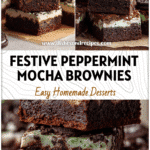 Stack of Peppermint Mocha Brownies topped with crushed Oreos for a festive Christmas dessert.